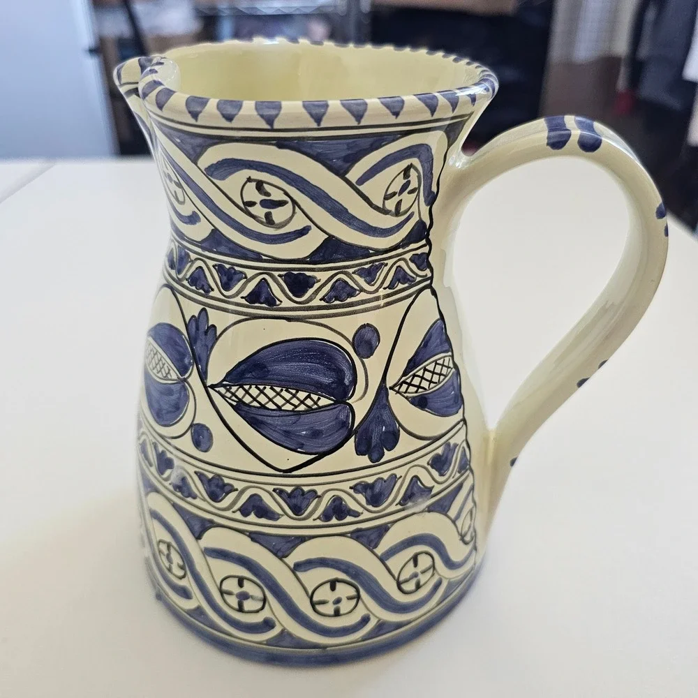 L.AR.CE. Orvieto Italian Pottery Pitcher Blue White Hand Painted Majolica 6.5